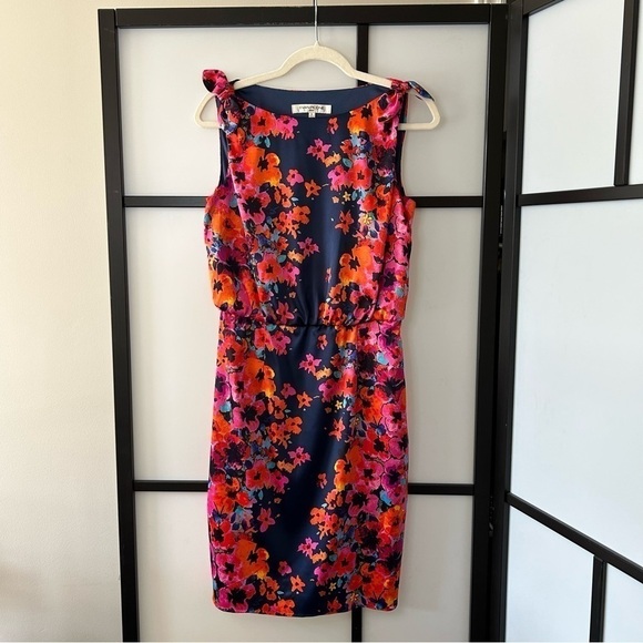 [6] Evan Picone Navy Blue Midi Length Dress with Orange & Pink Floral Pattern - Picture 2 of 10